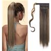 S-noilite Extension Capelli Veri Coda di Cavallo Arrotolare Ponytail Parrucchino Ombre Hair Extensions 58cm Dritto - Castano scuro & biondo sabbia