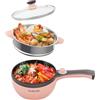 Audecook Fornello Elettrico Portatile da Viaggio, Padella Elettrica Antiaderente da 20cm Piccola, Hot Pot Elettriche Multifunzione per Pasta, Bistecca, Pancake - Rosa