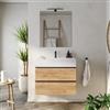 DEGHI Mobile bagno sospeso 80 cm rovere africa con top lavabo bianco opaco e specchio - Yamir