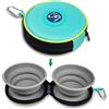 KALLAK Bowls Travel Twin Pet Bowls for Dogs or Cats, Collapsible Silicone Bowls for Food and Water Feeding, Foldable Zip Up Oxford Cloth Carry Case with Carabiner Clip, Portable Hiking Dog Bowl - Turq