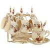 YOLIFE Set di 6 tazze da tè e piattini con arbusti fioriti, in ceramica color avorio, con supporto dorato, tazze da caffè, 226,8 g