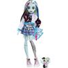 Monster High - Frankie, bambola snodata alla moda, dai capelli con ciocche blu e nere, con accessori e cucciolo, Giocattolo per Bambini 4+ Anni, HHK53