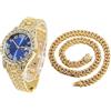 HALUKAKAH Diamanti Orologio Oro, Uomo Placcato Oro Reale 18K 42MM Largo Blu Componi Quarzo Cinturino 24cm con Link Cubano Catena 45cm Collana Set, con Scatola Regalo