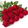 OWLKELA 12 Fiori di Rose Artificiali, Fiori Finti di Flanella, Fiori Finti a Stelo Singolo Lungo, Riori Decorativi Realistici per Matrimoni, Casa, Giardino, Feste di Compleanno (Rosso)