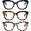 KoKoBin Confezione da 3 Occhiali da Lettura Rotondi Oversize Donna Uomo Anti Luce Blu Computer Cerniera a Molla Reader (Leopardo marrone + leopardo blu + leopardo grigio, 2.5)