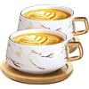 VETIN Tazze da cappuccino con piattino, tazza in marmo, tazzine da caffè in porcellana da 300 ml per tè caffè cappuccino, tazze da caffè con disco in legno (Bianco*2)