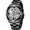 Tiong Business Automatic Mens Orologio Meccanico Scheletro Acciaio Inox Impermeabile Meccanico Automatico Orologio Uomo, 1091-nero argento, Bracciale