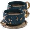 VETIN Set 2 Tazze da cappuccino con piattino, tazza in marmo, tazzine da caffè in porcellana da 300 ml per tè caffè cappuccino, tazze da caffè con disco in legno (Verde*2)