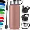 Milu - Borraccia in acciaio inox, con 3 coperchi, thermos con cannuccia, bottiglia isolata termicamente, a prova di perdite, a doppia parete, adatta per bevande gassate (Oro rosa, 1000 ml)
