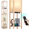 OUTON Lampada da Terra con Scaffale, Lampada da Terra Salotto Dimmerabile con Telecomando, Lampada a Stelo 160cm, 2 Porte di Ricarica USB, Piantana da Terra per Soggiorno, Camera Da Letto, Legno
