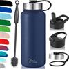 Milu - Borraccia in acciaio inox, con 3 coperchi, thermos con cannuccia, bottiglia isolata termicamente, a prova di perdite, a doppia parete, adatta per bevande gassate (Blu navy, 1000 ml)