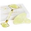 GeeRic Gua Sha Jade Roller per Viso, GeeRic Gua Sha Tool Rullo di Giada per Massaggio Facciale Tool Set Naturale Jade Roller in Pietra di Lenire Elimina Gonfiore Degli Occhi Pelle per Viso Collo Corpo Giallo