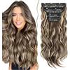 SEGO Extension Capelli Clip 4 PCS Estensioni Clip in Hair Ricci Ondulati Sintetici Posticci Mossi Donna 55 cm Castano misto Biondo cenere