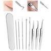 Plstod Togli Punti Neri Viso, Kit di 8 Utensili per Schiacciare Brufoli e Punti Neri, Acciaio Inox Professionali Pinzetta Per Estrattore Punti Neri Naso, Pulizia Acne dal Viso, con Scatola(Argento)