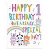Piccadilly Greetings Regal Cards Biglietto di auguri per 1° compleanno, motivo: orso panda coniglio, tigre, arcobaleno