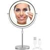 OMIRO Specchio Cosmetico Ingranditore 3X/10X con Illuminazione, Specchio da Trucco a Doppio Lato Girevole 21cm, Specchio Ingranditore Doppia Faccia, con Supporto Regolabile in Altezza (Argento)