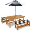KidKraft Set tavolo e panchine in legno per bambini con cuscini e ombrellone, mobili per giardino e per esterno, Strisce blu navy e bianche, 00106