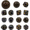 DollaTek Set completo di dadi poliedrici D3-D100, 15 pezzi, per giochi di ruolo, da tavolo, neri e gialli
