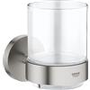 GROHE QuickFix Start, Bicchiere in vetro con supporto metallo e vetro, fissaggio nascosto, viti e tasselli inclusi, montaggio facile con GROHE QuickGlue, 106 x 99 mm, Super Steel, 41194DC0