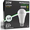 Eurocali 4x Lampadine LED E27 20W Opaca (2452 lumen pari a 150W) Forma: Goccia A80 Luce Bianco Caldo 3000K Fascio Luminoso 310°