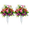 SIFOEL Fiori artificiali del cimitero, fiori artificiali del cimitero del giglio di rosa con vaso per la decorazione delle lapidi del cimitero, set di 2 (1)