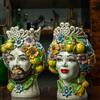 CERAMICHE CALTAGIRONE Teste di Moro siciliane in Ceramica di Caltagirone Donna-Uomo fiori h. 30 cm