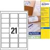 Avery Italia J8160-25 Etichette adesive in carta bianca, 25 fogli A4, rettangolari 63,5x38,1mm, 21 etichette per foglio, adesivo permanente, stampanti inkjet