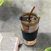 Generic Tazza in vetro con cannuccia, tazza da caffè con cannuccia e coperchio, tazza per auto, set di 1(16 once, tazza di ambra con anello di gomma siliconica nera)