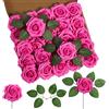 DuHouse 25 rose artificiali con steli Finti fiori di rosa in schiuma per il bouquet di nozze fai da te baby shower centrotavola composizione floreale casa decorazione (rosa brillante)