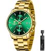 Affute Orologio da uomo con cronografo casual impermeabile orologio al quarzo in acciaio inox e metallo, auto date in lancette colorate, Oro verde