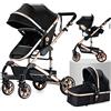 MoLi 3 in 1 Sistemi Modulari Sistema da Viaggio per Bambini Passeggini Compatti Reclinabile Passeggino Carrozzine Standard Pieghevole Portatile Passeggino Neonato 0-36 Mesi (739 Black Gold)