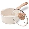 JEETEE Casseruola Antiaderente 18 cm, 2 l con coperchio, pentolino con manico, pentolino latte, pentola per pasta, adatta per induzione, elettrico e gas (Beige)