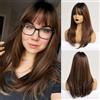 HAIRCUBE Parrucche lunghe marroni per donna, parrucche sintetiche con frangia Parrucche resistenti al calore Parrucca marrone mista radice nera Usura quotidiana