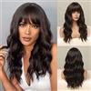 HAIRCUBE Lunghe parrucche ricci per le donne parrucche marrone scuro parrucca sintetica con Bangs resistente al calore