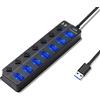 Hoppac Hub USB 3.0, 7 in 1 Porte USB Multiple Per PC, Con 1 USB 3.0 e 6 USB 2.0, Con Interruttore Separato e Indicatore LED,Splitter USB Per PC/Unità Flash,Lunghezza Cavo 1M
