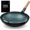 YOSUKATA Wok Padella Professionale 36 cm- Tradizionale Wok Fondo Tondo in Acciaio al Carbonio Precondizionato -Wok Cinese Originale - Pentola Wok Grande - Compatibile con Gas e Fuoco Aperto (Blu)