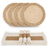 Zology Set di 4 Tovagliette Boho Fatte a Mano - Tovagliette da Tavola in Combinazione Tessuta di Tela di Cotone Naturale e Paglia d'Acqua, Decorazioni Macramè e Tovagliette Stile Farmhouse, per Tavolo