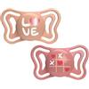 Chicco 2pz Succhietto Micrò in Silicone con Tettina Micro e Scudo ergonomico, 6-16 mesi - Azzurro, Rosa, Lumi - Rosa