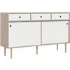 CAESAROO Madia soggiorno 147x40 cm Bianco opaco e Rovere chiaro con due ante scorrevoli e tre cassetti - Rovere e Bianco