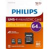 Philips FM64MP45D Micro SD 64 GB fino 80 MB/sec(R), microSDHC con Adattatore SD A1 U1 C10 V10 confezione da 2 pezzi
