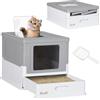 PawHut Lettiera per Gatti Chiusa in PP con Paletta Inclusa, Design Pieghevole, Cassetta Igienica per Gatto con Vassoio Estraibile e 2 Porte, 47.5x35.5x36.7 cm, Grigio e Bianco