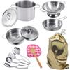 GOLCUGYJH Set di utensili da cucina in acciaio inox, mini accessori da cucina, pentole e padelle giocattolo confezionato in un sacchetto di stoffa dorato per bambini