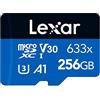 Lexar 633x Scheda Micro SD 256 GB, Scheda di Memoria microSDXC UHS-I Con Adattatore SD, Fino a 100 MB/s in Lettura, A1, C10, U3, V30, Scheda TF per Smartphone/Tablet/Telecamera (LMS0633256G-BNAAA)