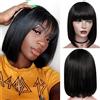 Rebasar Dritto Breve Bob con Bangs Parrucca Donna Corto con Frangia Straight Human Hair Wigs Capelli Veri Umani Reali Nero Naturale 14 Pollici