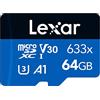 Lexar 633x Scheda Micro SD 64 GB, Scheda di Memoria microSDXC UHS-I Senza Adattatore SD, Fino a 100 MB/s in Lettura, A1, C10, U3, V30, Scheda TF per Smartphone/Tablet/Telecamera (LMS0633064G-BNNAA)