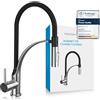 Bächlein Rubinetto da cucina girevole a 360 gradi (acciaio inox spazzolato) con doccetta estraibile e interruttore - Miscelatore per lavello con collo flessibile e doccetta con supporto magnetico