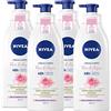 Nivea Crema Corpo Rosa & Argan 48h Formula con Ingredienti di Origine Naturale Azione Idratante Ammorbidente Illuminante Pelle Normale o Secca Texture Leggera Effetto Seta - 4 Flaconi da 500ml