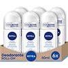 NIVEA Pure Invisible Roll-On deodorante in confezione da 6 x 50 ml, Deodorante antitraspirante, Deodorante profumato delicato, regola la traspirazione e non lascia residui
