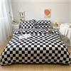 Lunoroey Set copripiumino per letto singolo a scacchi bianchi e neri, motivo geometrico a quadri, in microfibra morbida (1 copripiumino e 1 federa)