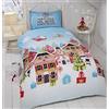 Rapport Home Rapport - Set di biancheria da letto per letto singolo con motivo Gingerbread Town, 2 pezzi, motivo Festive, colore: Blu